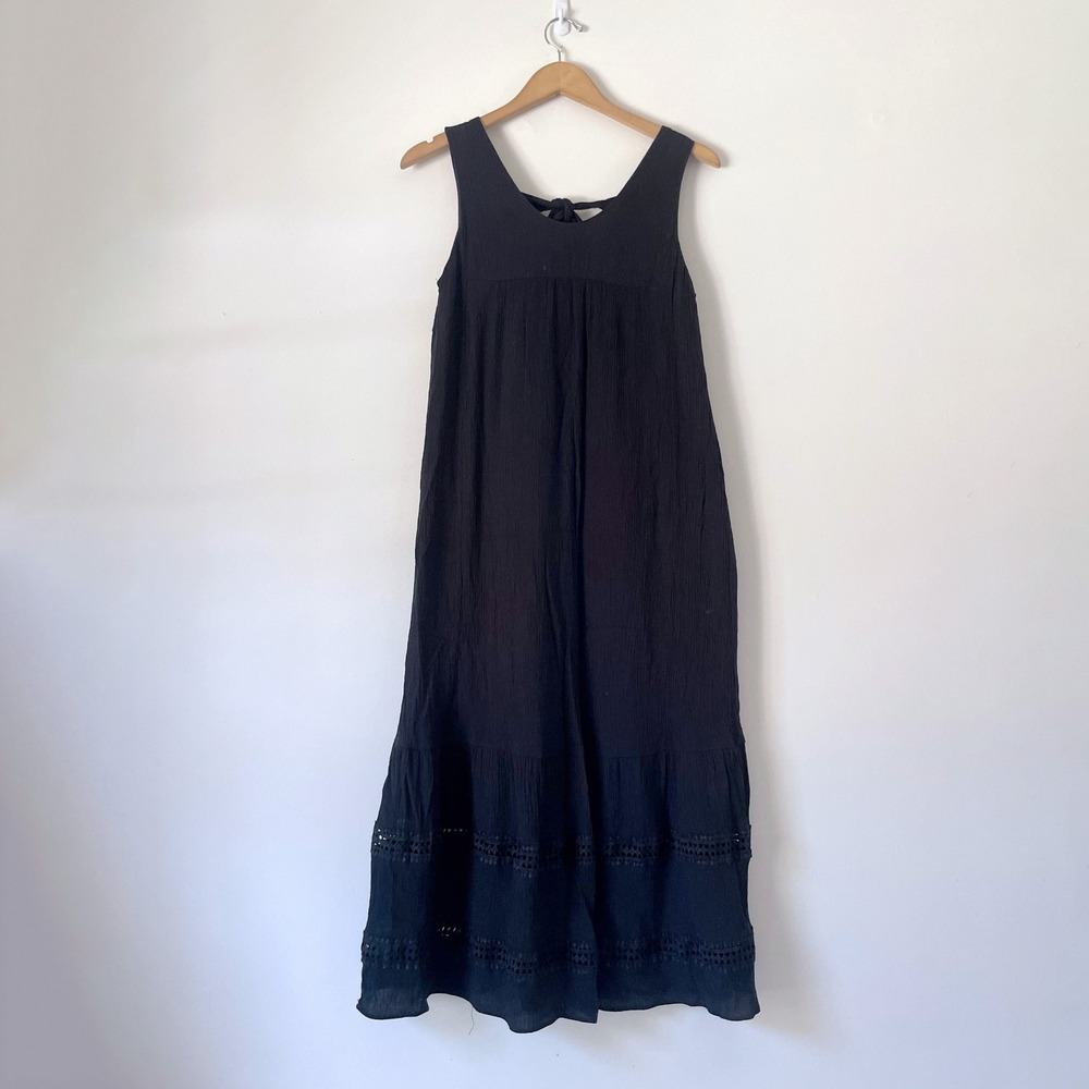 Black Gauze Tie Back Midi Dress Small Crochet Lace Trim Boho Cottage Witchy
